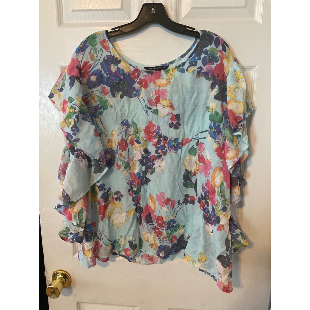 Zac & Rachel Woman Floral‎ Ruffle Sleeve Blouse Light Blue Multi Color Top 1X